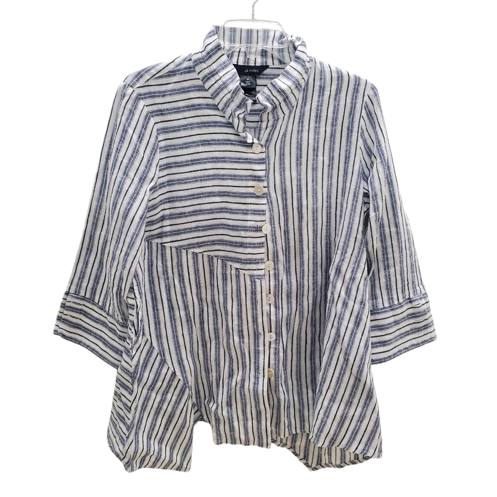 Lagenlook Linen Cotton Striped Button Front & Button Back! Pockets!